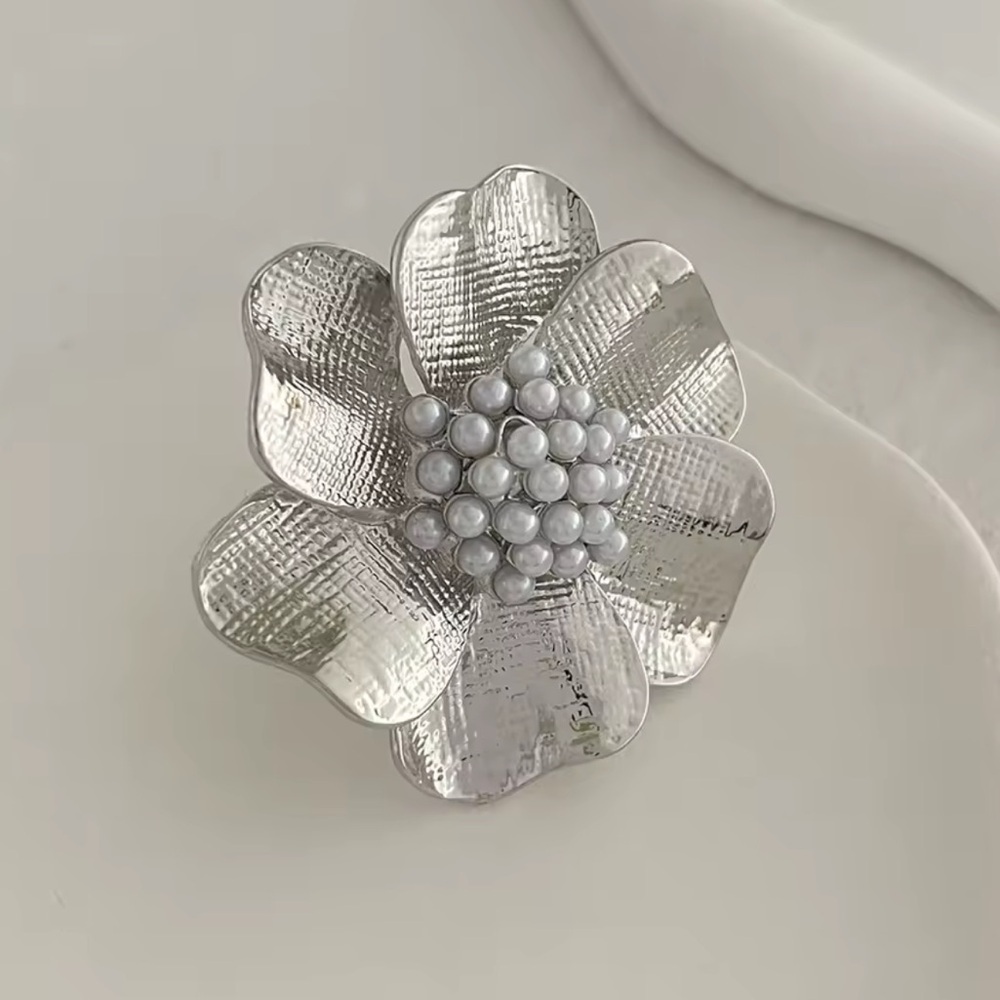 Anthropologie Flower Silver Pearl Adjustable Ring